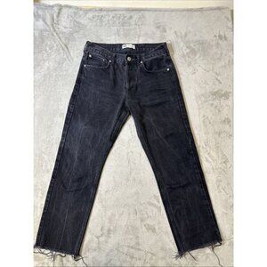 Zara High Rise Straight Jeans Raw Hem Button Fly Black Denim Women’s 6 / 38